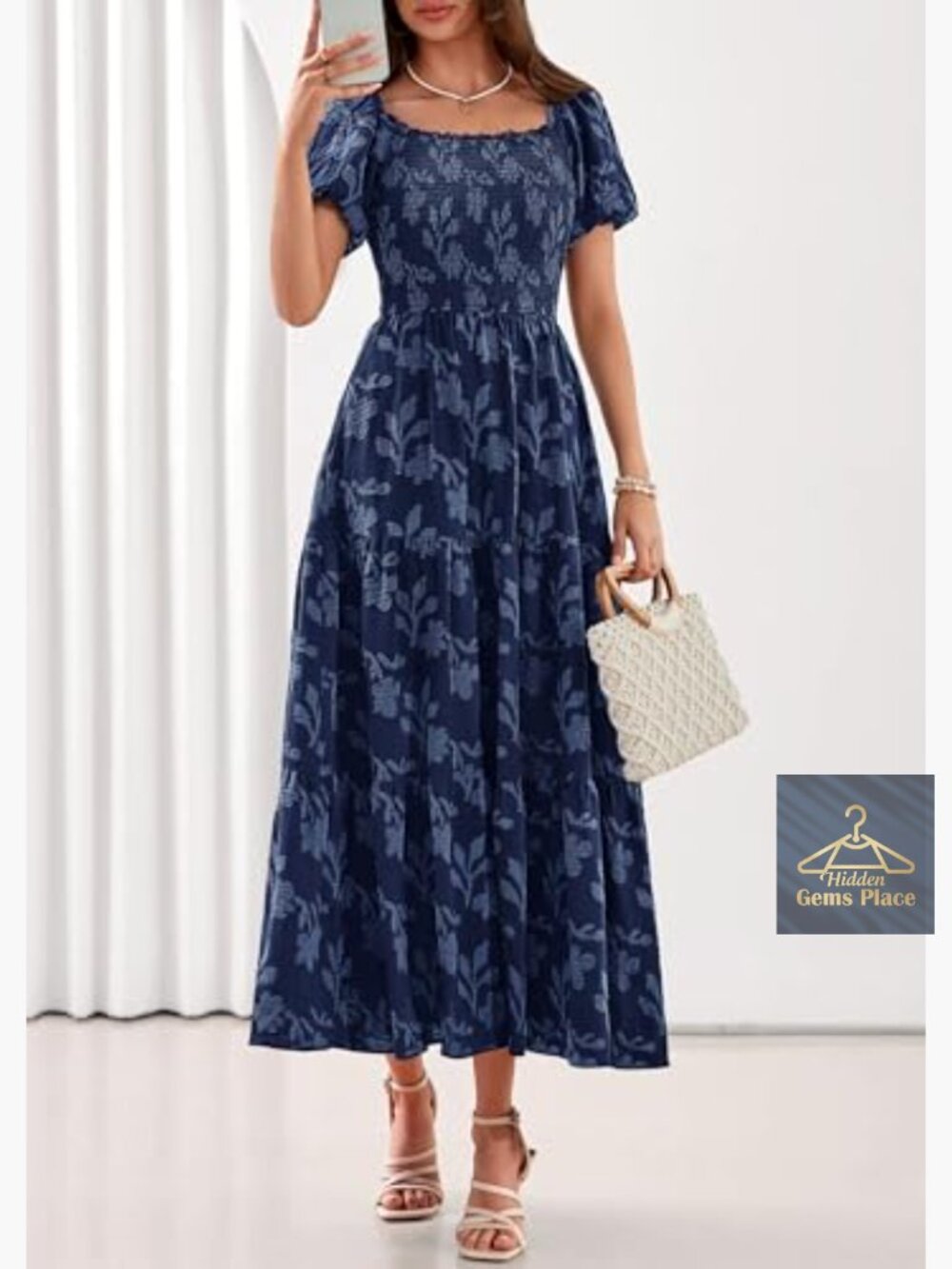 Boho Maxi Dress Floral Short Sleeve Square Neck Smocked Flowy Long Vacation - Picture 2 of 7